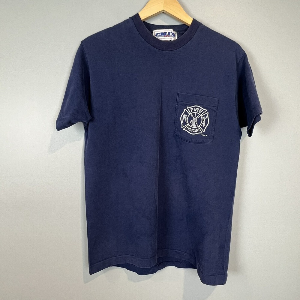 Vtg Fire Rescue Single Stitch T Shirt Size Large Front Pocket Navy USA Gall's